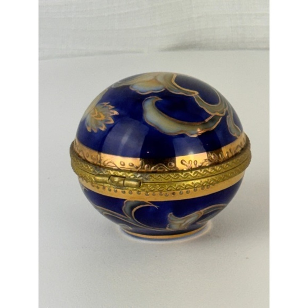 Vintage Cobalt Blue Porcelain Hinged Trinket Box Gold Floral Limoges Style